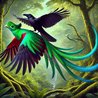 quetzal volant avec un corbeau sur le dos