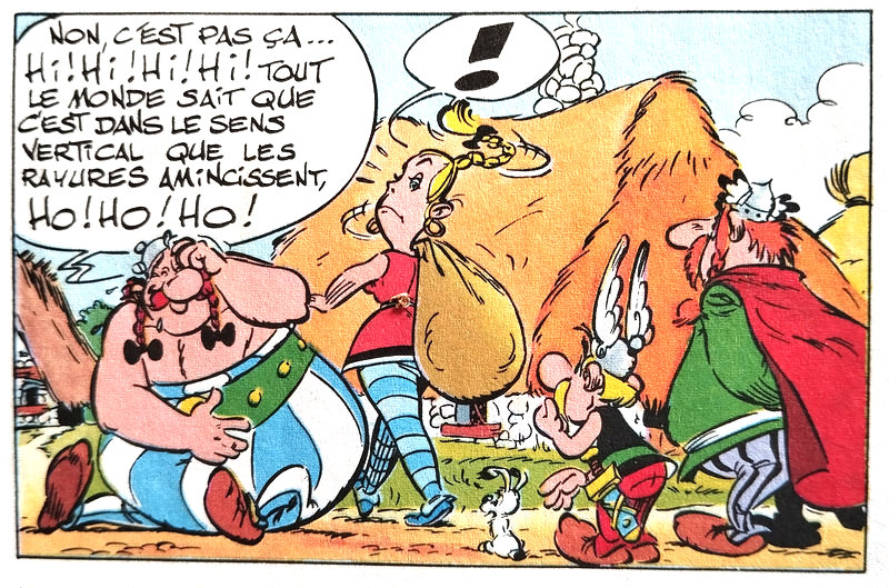 une image de la bd où Obélix est plié en deux et fendu de rire