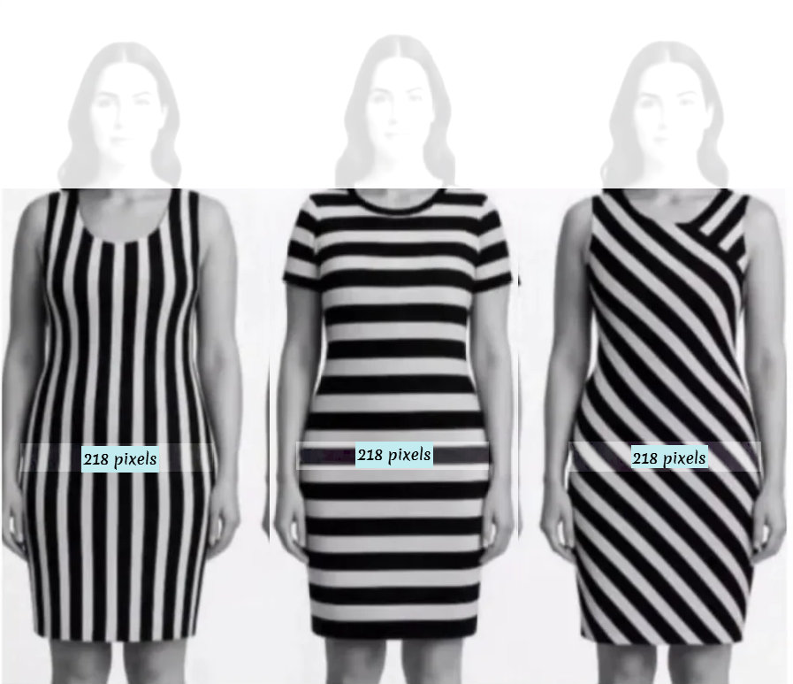 3 femmes en robes à rayures verticales, horizontales et obliques